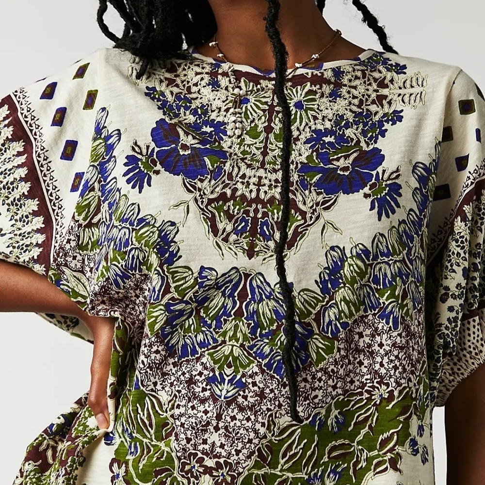 Free People Luly Tee Ivory Multi Boho Print Top XS